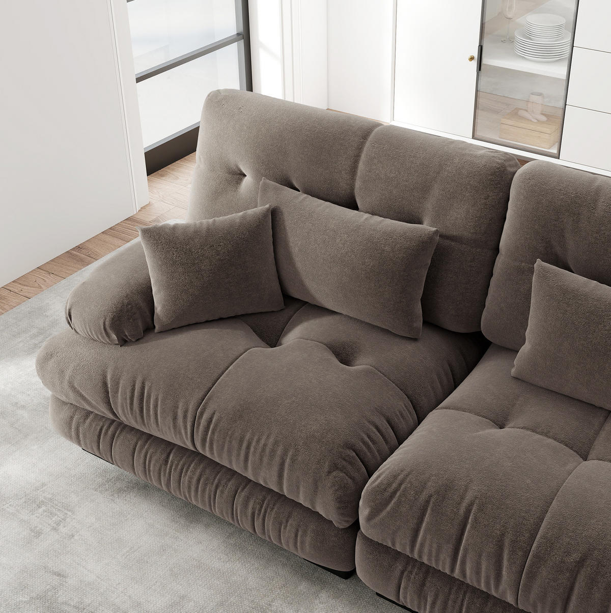 SOFA modular Chenille Brown mit Deko- und Lendenkissen - Dunkelgrau, Kunststoff (77/81/220cm) - Meubliv