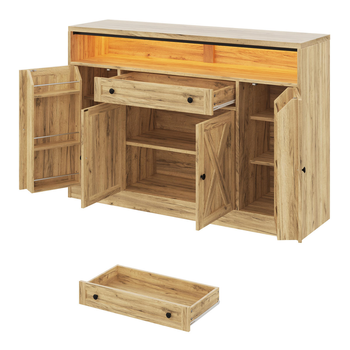 KÜCHENSCHRANK Sideboard Natur mit RGB-LED 4 Scheunentüren & Türablagen - Naturfarben, Holzwerkstoff (140/95/35cm) - Urban Meuble