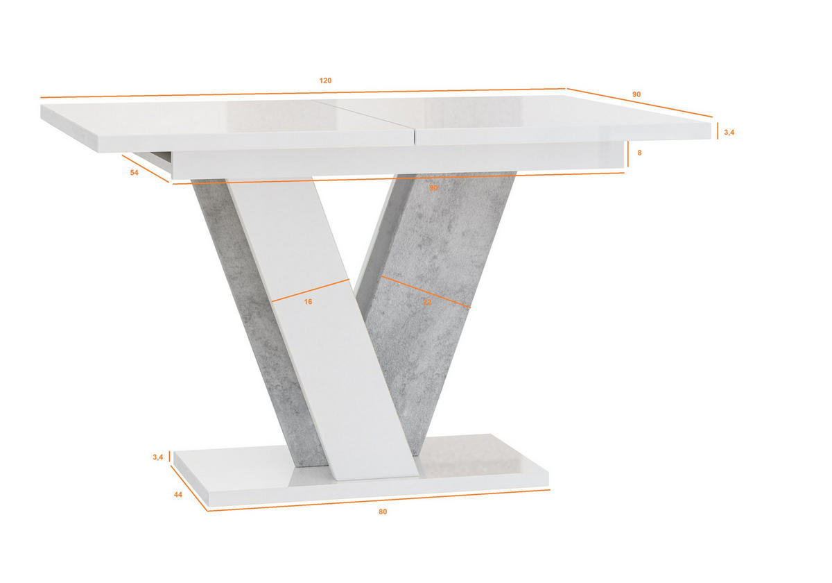 ESSTISCH Ausziehbar 120 - 160 cm Weiß Hochglanz und Betonoptik - Weiß Hochglanz/Grau, Holzwerkstoff (120/90/75cm) - PROSPERO