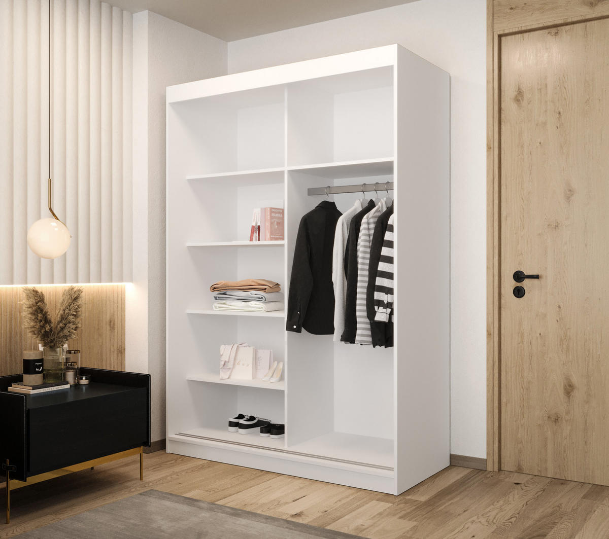 SCHIEBETÜRENSCHRANK MODENA 2 150, 2-türig Kleiderschrank mit 1 Spiegel, Moderne Garderobe, Schrank in Größe: 150 x 216 x 65 cm - Schwarz/Weiß, Holzwerkstoff (150/216/65cm) - O-Sofa