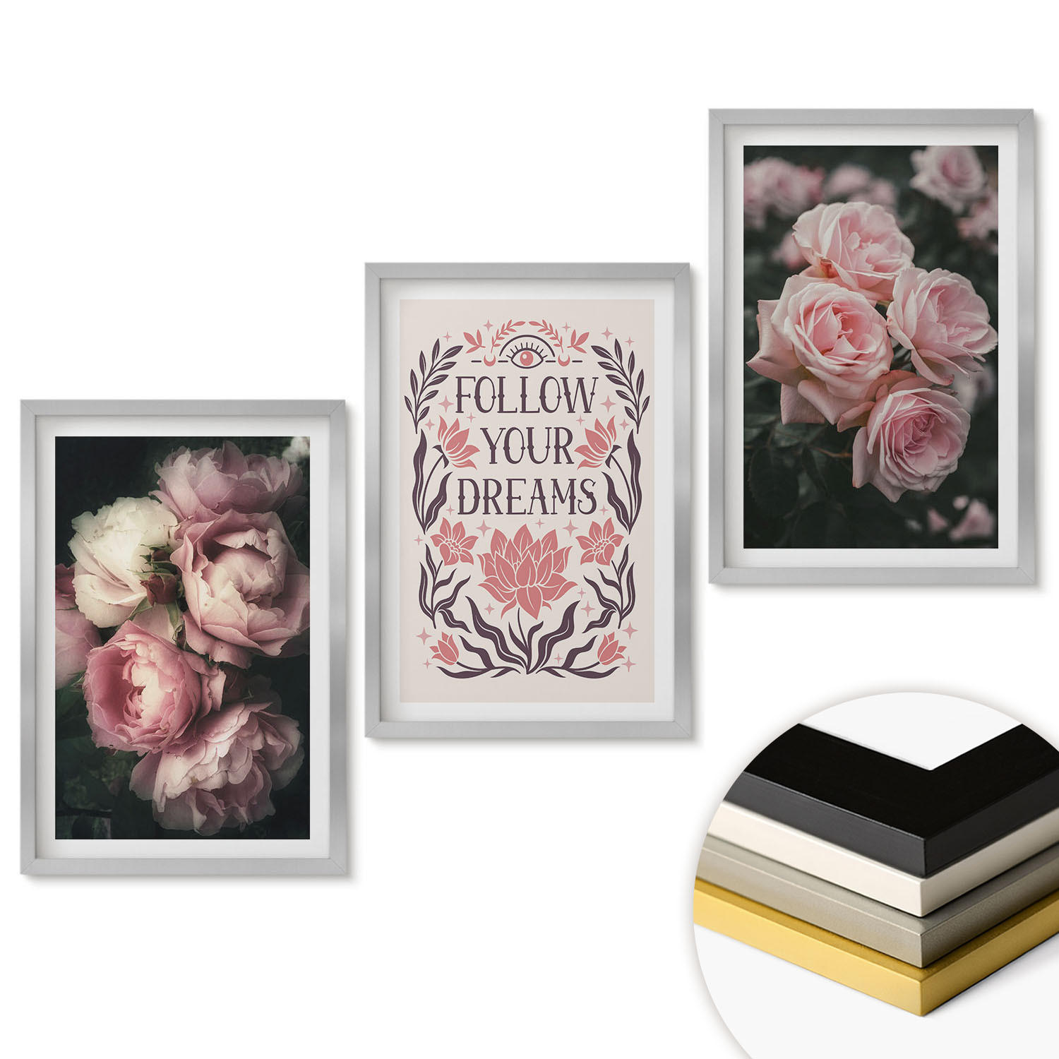 WANDBILDER 3er Set - 40x60 cm Silberner Rahmen - Vintage-Rosenträume-Inschrift - Silberfarben, Kunststoff (40/60cm) - ArtPrintCave