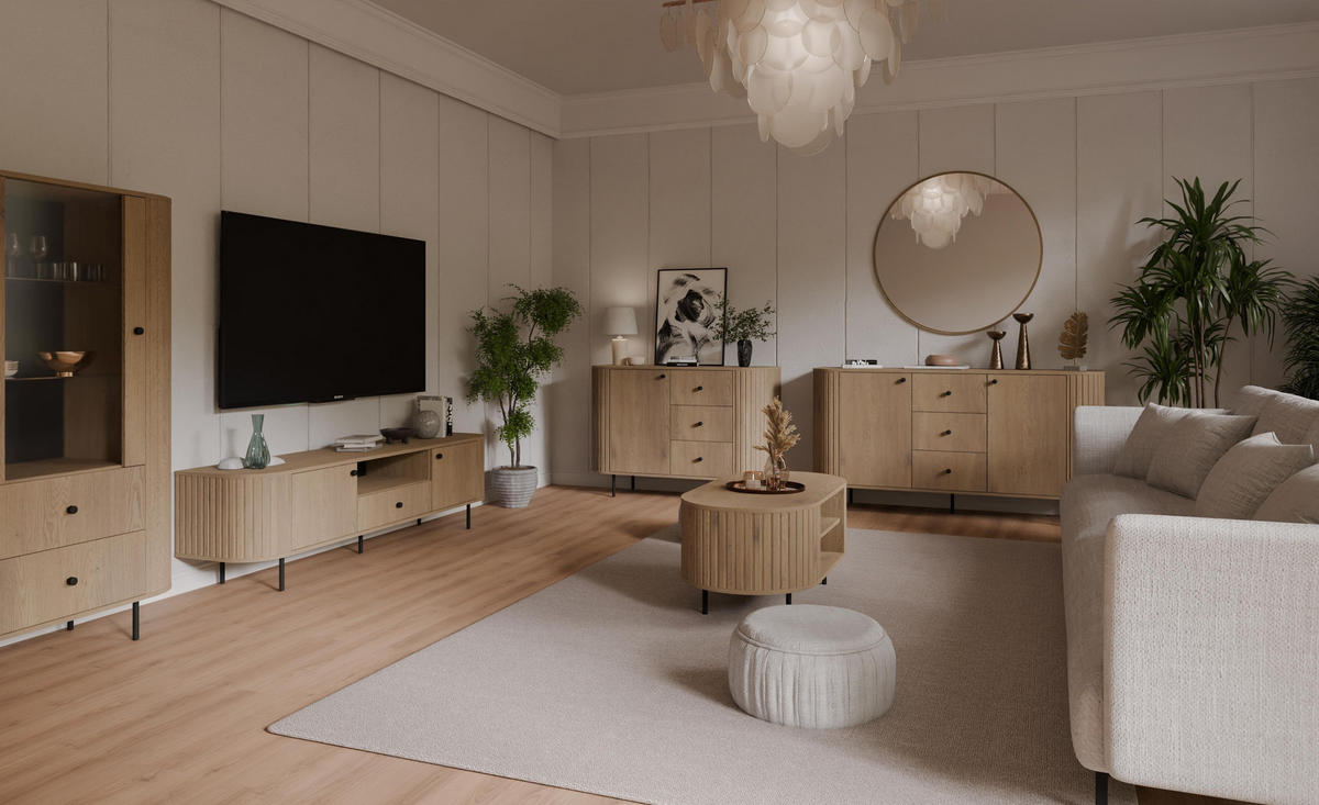 KONSOLENTISCH Halay Eiche Cremona 2 Schubladen mit runden Kanten + Rund Spiegel 100 cm - Eichefarben/Schwarz, Holzwerkstoff/Metall (35.9/123/17.5cm) - AX Living