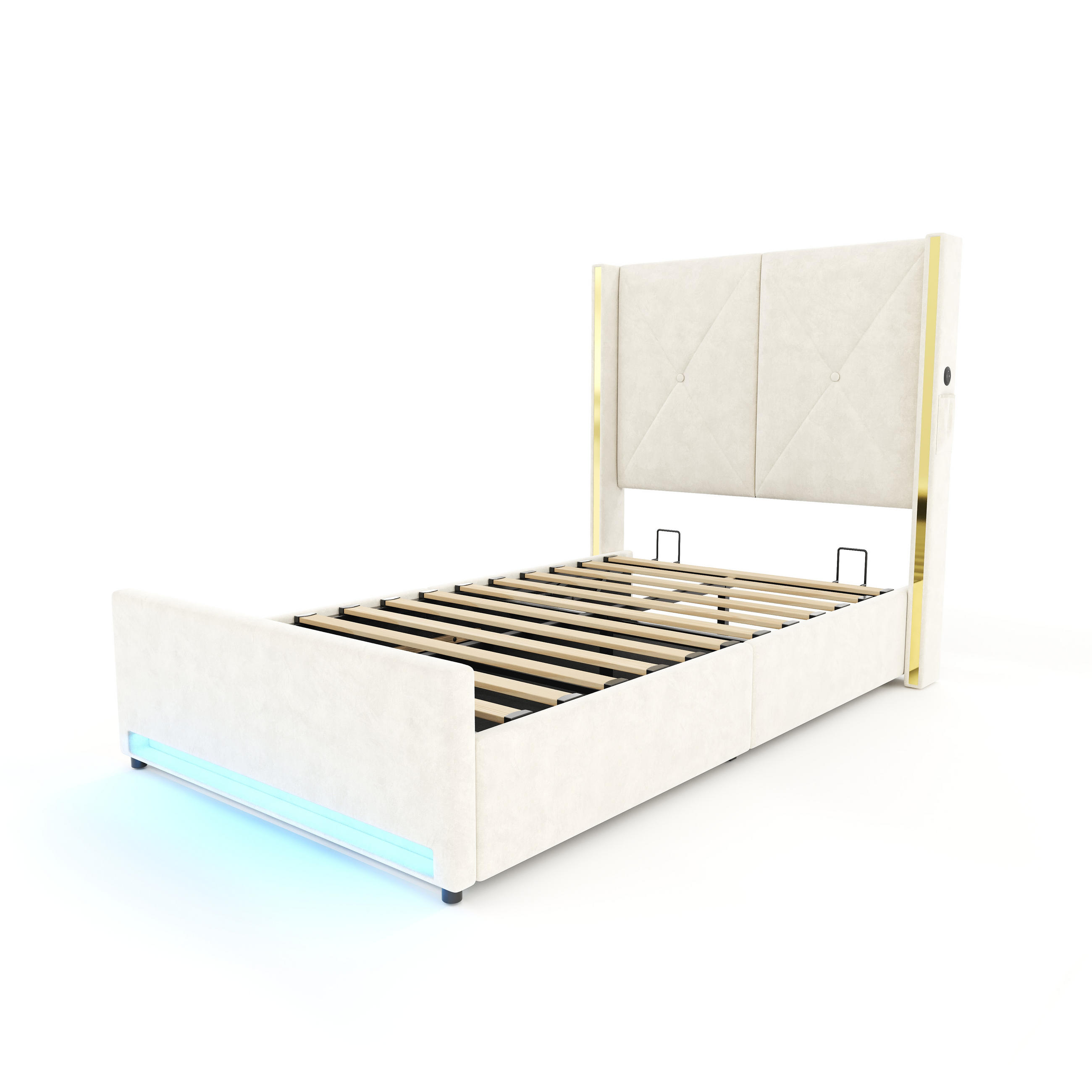 POLSTERBETT 90x200cm, Kopfteil gepolstert, Taschen, USB, LED, Hydraulik, Stauraum - Beige, Textil (90/200cm)