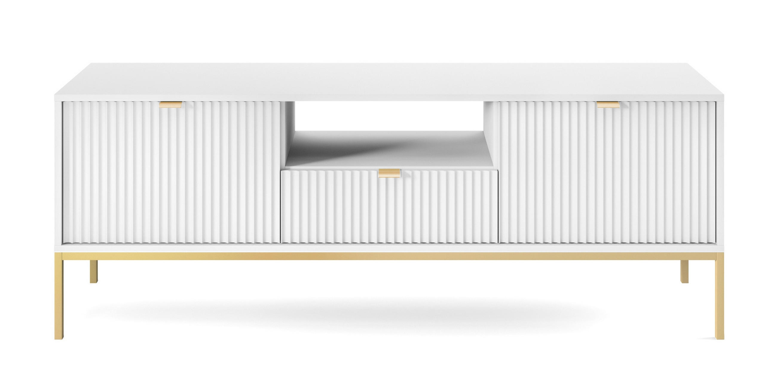 LOWBOARD Eternas 2T 1S Weiß 154/56/39 cm – goldene Füße, mit geriffelten Fronten und offener Ablage - Goldfarben/Weiß, Holzwerkstoff (154/56/39cm) - AX Living