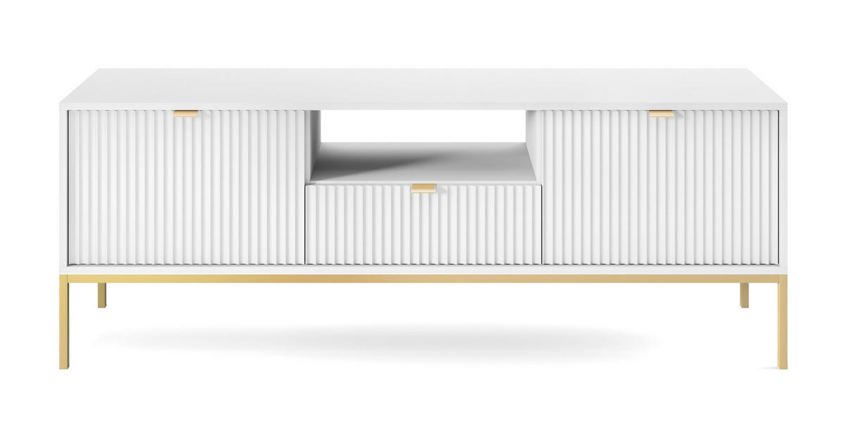 LOWBOARD Eternas 2T 1S Weiß 154/56/39 cm – goldene Füße, mit geriffelten Fronten und offener Ablage - Goldfarben/Weiß, Holzwerkstoff (154/56/39cm) - AX Living