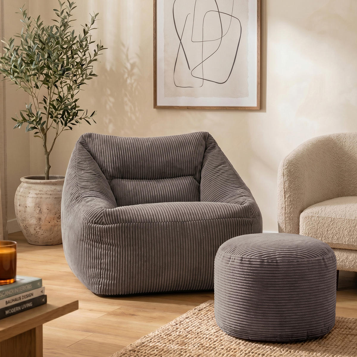 SITZSACK Sessel Natalia + Sitzpouf - Grau, Textil (100/80/88cm) - icon