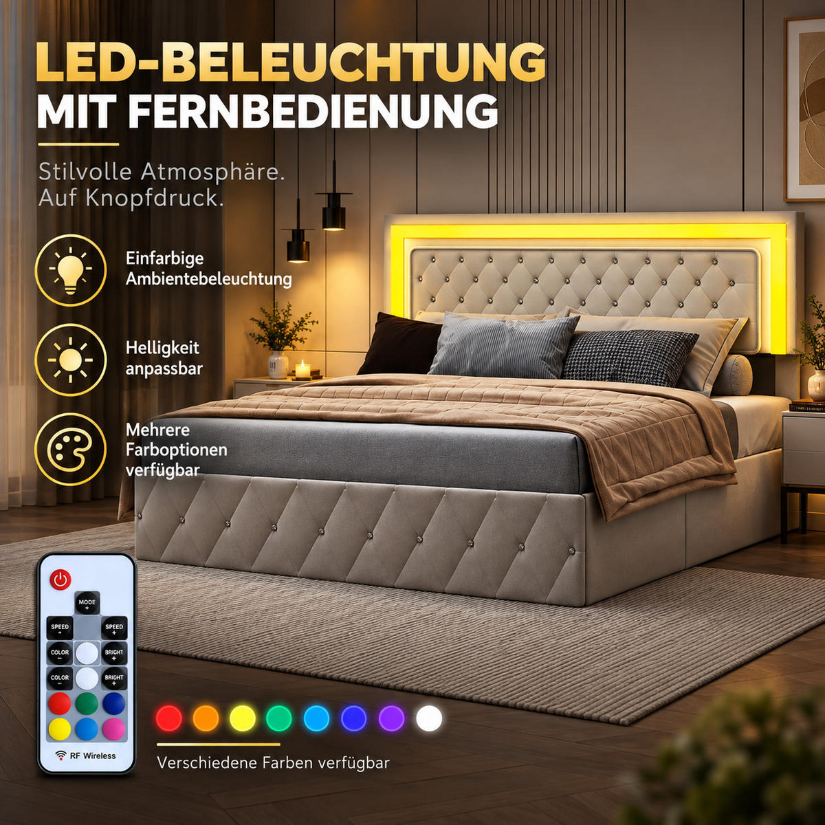 POLSTERBETT 160/200 cm mit LED-Beleuchtung & Bettkasten, Chesterfield-Knopfteppich Samtbezug, Stauraumbett mit Hydraulik - Beige, Holz/Metall (160/200cm) - Joyfair