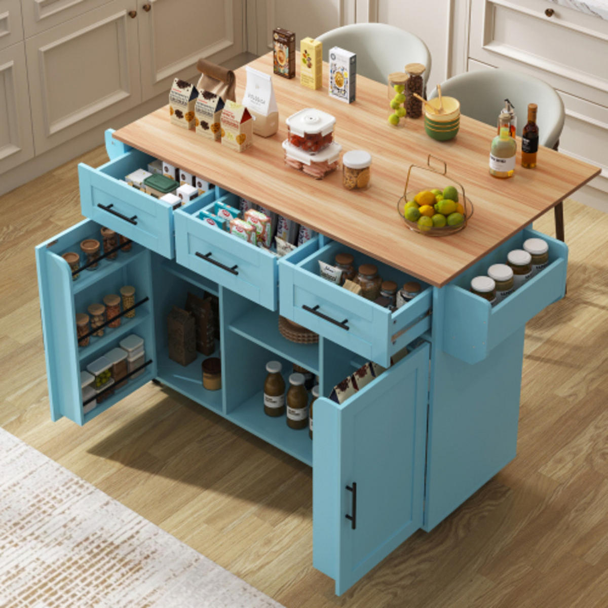 KÜCHENINSEL Blau aus MDF mit klappbarer Erweiterungsplatte 139 × 46 × 91,5 cm - Blau, Holzwerkstoff (139/91.5/71cm) - Luhomfu