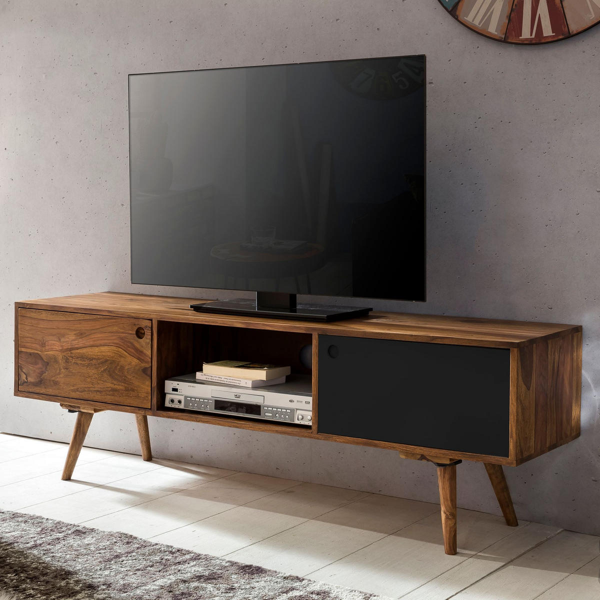 TV-LOWBOARD Massivholz, rustikaler Landhausstil, einzigartige Maserung, Schwarz 140x35x45 cm - Dunkelbraun/Schwarz, Holz (140/45/35cm) - KADIMA DESIGN