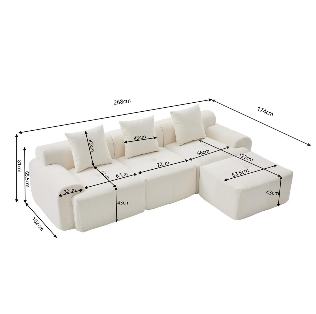 ECKSOFA 268/102/78 cm modular mit Hocker, Memory-Schaum und Kordstoff, Beige - Beige, Textil (97/100cm) - Redom