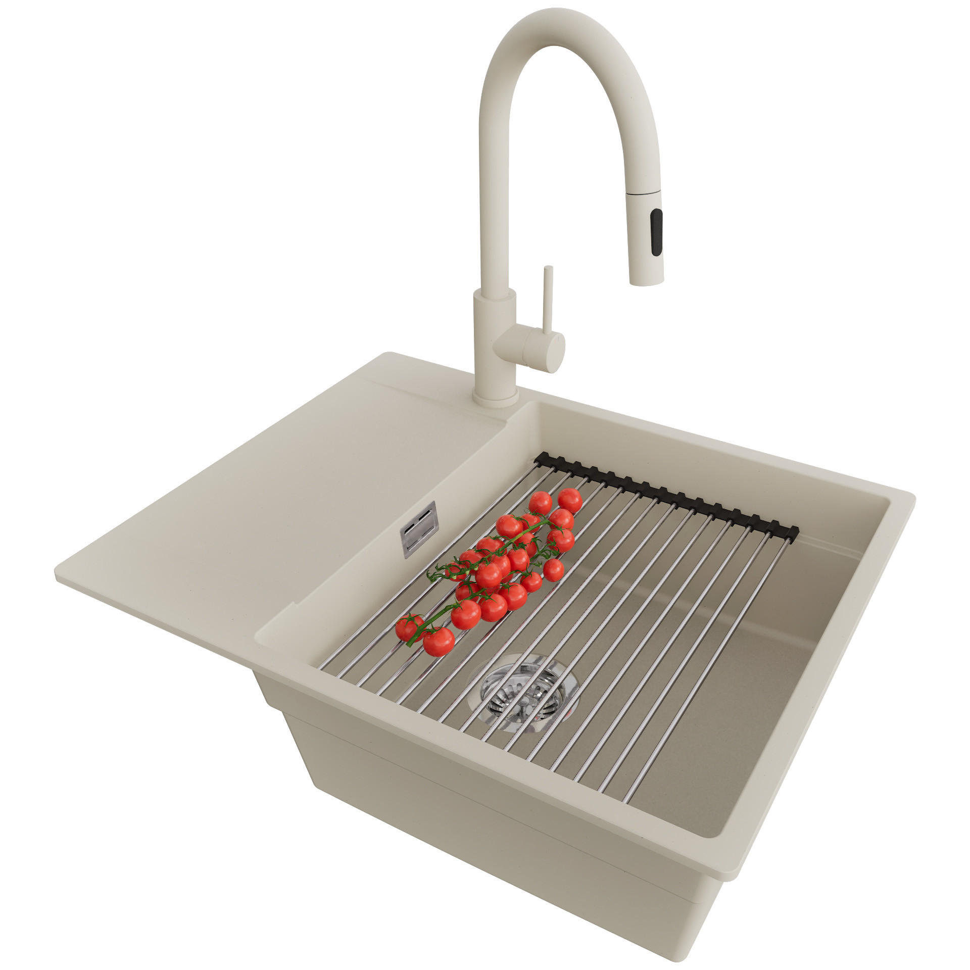 GRANITSPÜLE San Francisco, 2-er set Beige 62/50 cm 1 Becken + Küchenarmatur 40/20 cm + Ablauf-Set + Aufrollbare Abtropffläche ab 50er Unterschrank - Chromfarben/Beige, Kunststoff (62/20/50cm) - Primagran