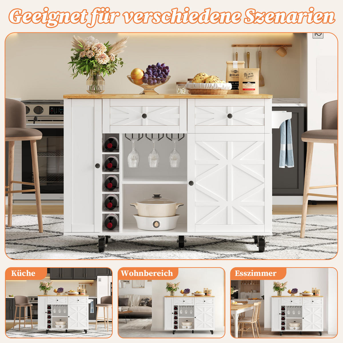 KÜCHENINSEL 120x70x89cm Weiß mit Klappplatte,Schubladen,Weinregal & Rollen - Weiß, Holzwerkstoff (120/89/70cm) - Modfu