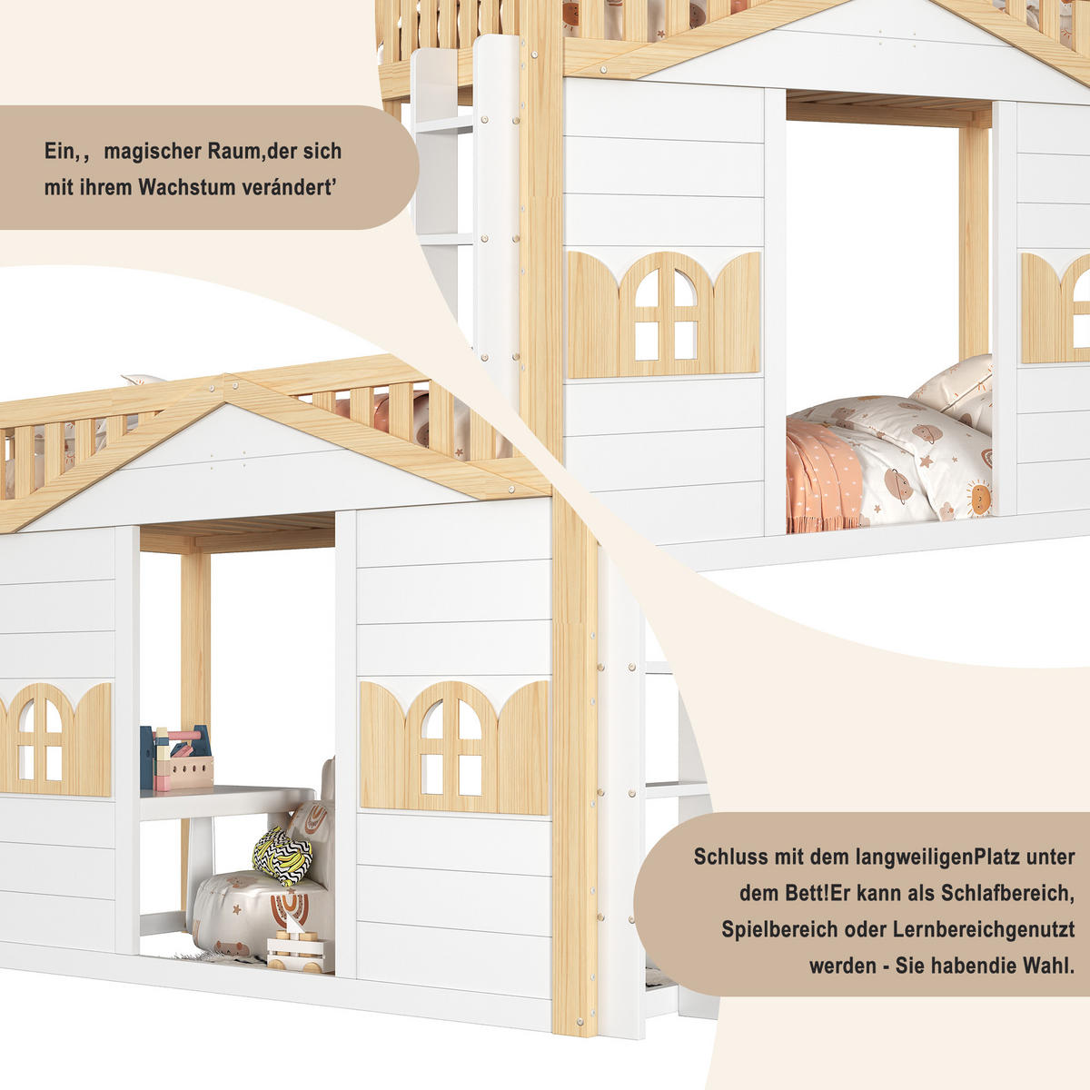 ETAGENBETT Hausbett 90x200cm Holz Kinderbett Weiß Natur - Weiß, Holz - FLIEKS