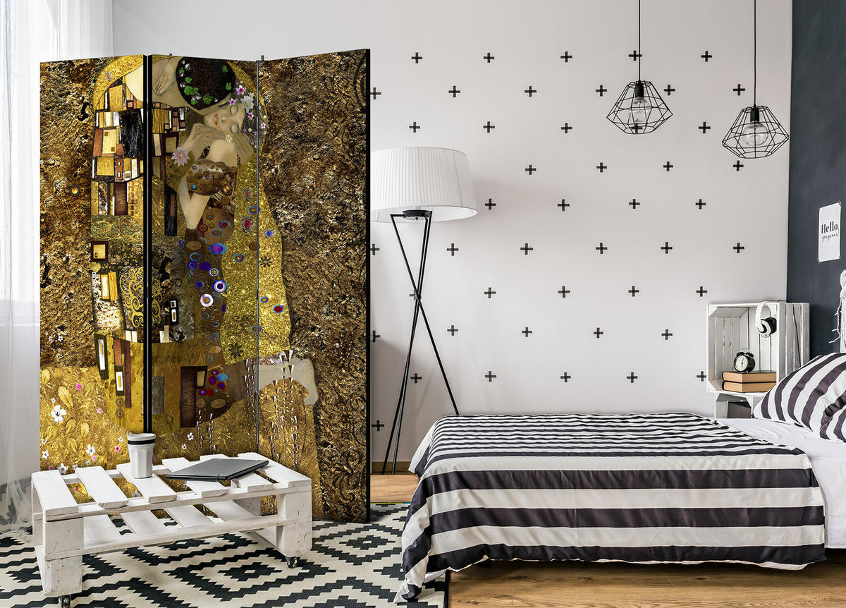 PARAVENT Einseitig Bedruckter 3-tlg 135x172 cm Der Kuss Von Klimt - Multicolor, Holz/Textil (135/172/3cm) - Muralo