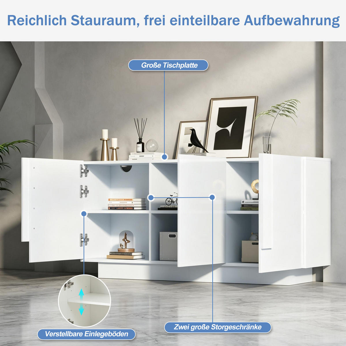 SIDEBOARD Weiß Hochglanz 3 Türen 6 Fächer 160cm Modern - Weiß, Holzwerkstoff (35/60/160cm) - FLIEKS