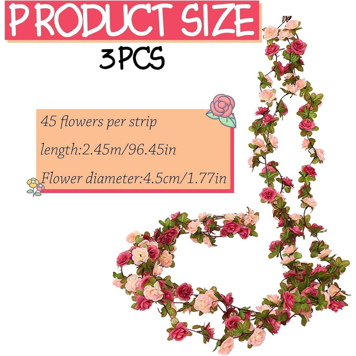 BLUMENGIRLANDE 3 Stück 2,45M Künstliche Rose Rot Fuchsia - Multicolor, Kunststoff (1cm)