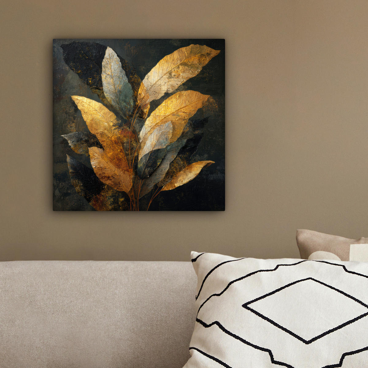 LEINWANDBILD Golden Leaf Komposition - Botanical Luxury Deko Wohnzimmer 20x20 cm - Goldfarben/Schwarz, Textil (20/20cm) - MuchoWow