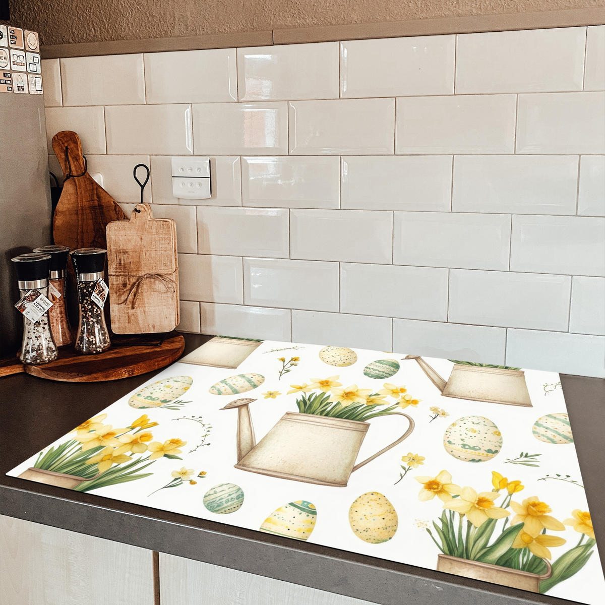 HERDABDECKPLATTE Gießkanne - Blumen - Eier Induktionsmatte 77x59 cm - Weiß, Kunststoff (77/59/0.2cm) - MuchoWow