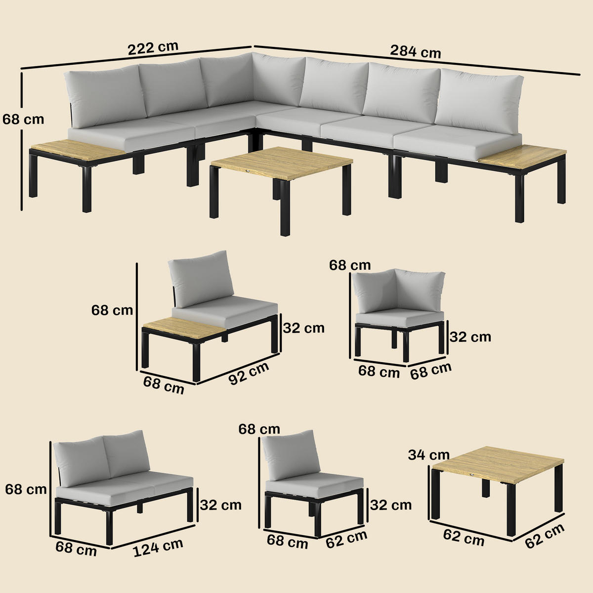 GARTENMÖBELSET DE-13526 6-teilig, verwandelbar in ein Bett Grau - Hellgrau, Metall - ComfortXL