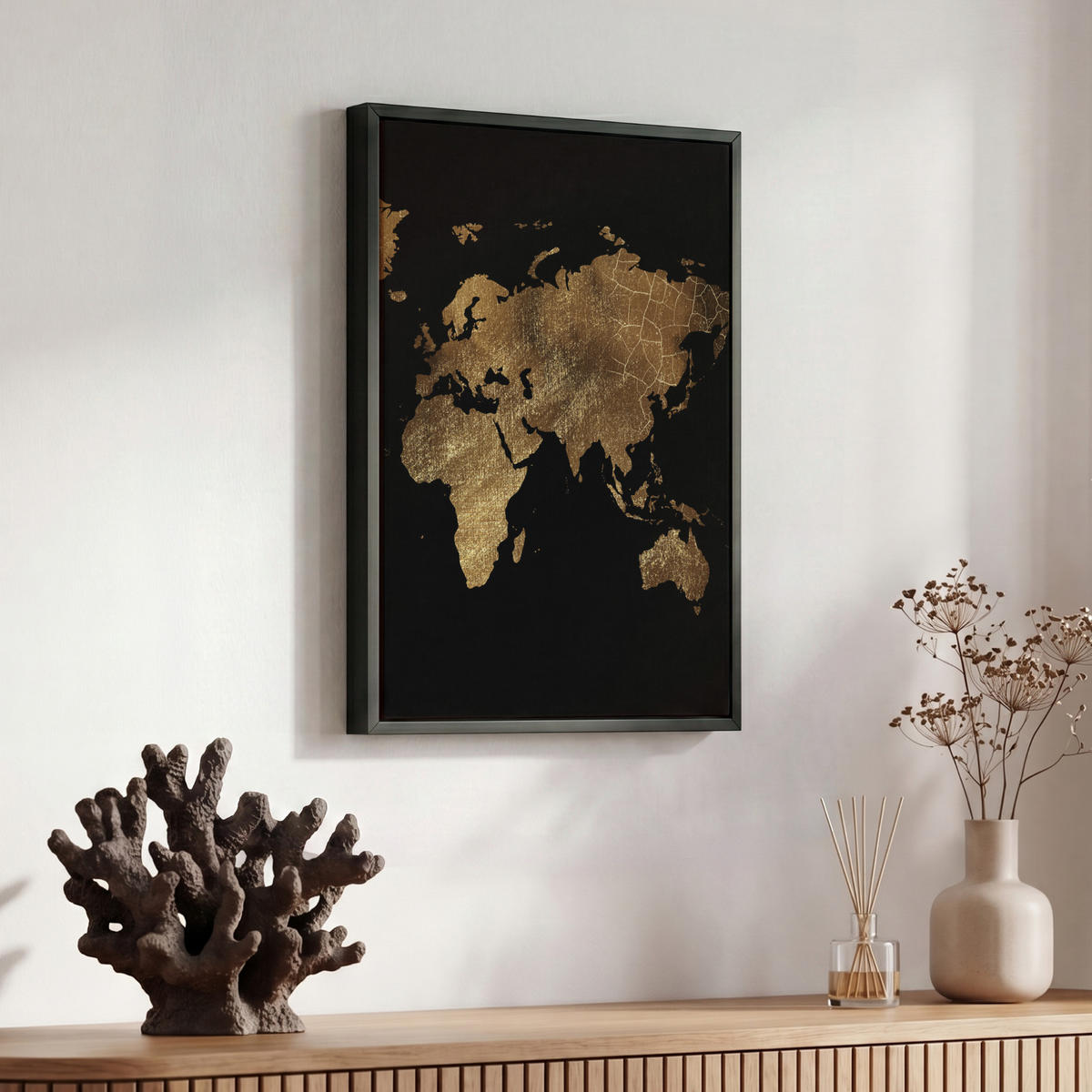 LEINWAND Bilder mit Rahmen - Weltkarte - Gold - Luxus - Erde - Schwarz - 30x40 - Goldfarben, Textil (30/40cm) - MuchoWow