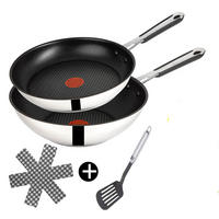 PFANNENSET Bratpfanne Jamie Oliver Edelstahl Induktion E76 26 cm Wokpfanne 28 cm Antihaft Titanium Excellence Spülmaschinenfest - Silberfarben/Schwarz, Keramik/Metall - Tefal