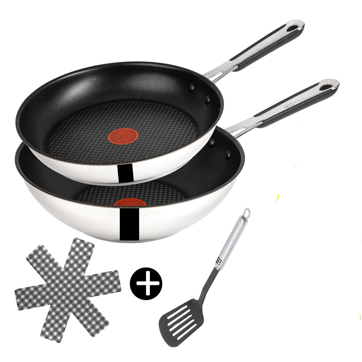 PFANNENSET Bratpfanne Jamie Oliver Edelstahl Induktion E76 26 cm Wokpfanne 28 cm Antihaft Titanium Excellence Spülmaschinenfest - Silberfarben/Schwarz, Keramik/Metall - Tefal