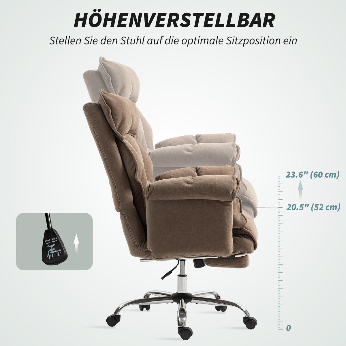 BÜROSTUHL Ergonomischer Schreibtischstuhl mit doppellagiger Polsterung Fußstütze - Hellbraun/Silberfarben, Textil/Metall (80/114/80cm) - HOMCOM