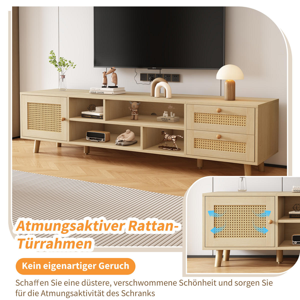 TV-LOWBOARD Rattan Eichefarben 160/39/40.5 cm - Eichefarben, Holz (160/40.5/39cm) - PANGIVO