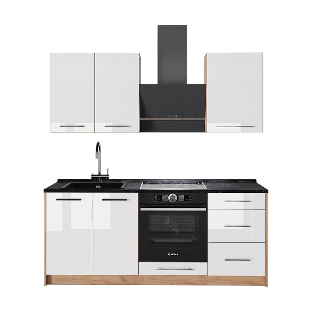 SINGLEKÜCHE Fame-Line, Weiß Hochglanz/Goldkraft Eiche, 190 cm, AP Anthrazit - Honigeiche/Weiß Hochglanz, Holzwerkstoff (190/82/60cm) - Vicco