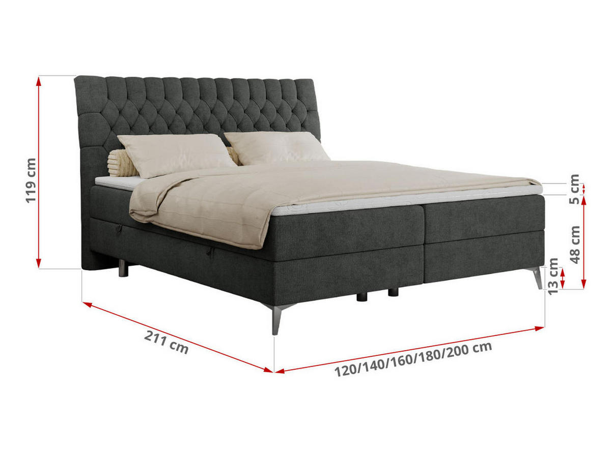 BOXBETT MILEN 200/200 Dunkelgrau Struktur - H3 - Dunkelgrau, Holz/Textil (200/200cm) - MKS
