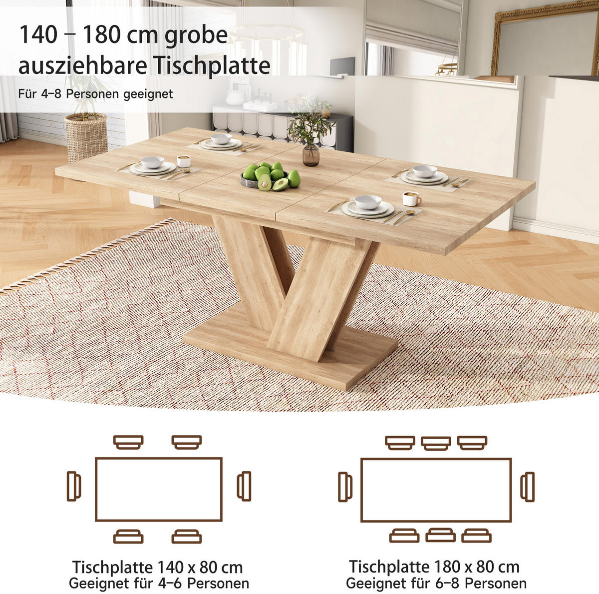 ESSTISCH aus MDF 140/180x80 cm Eichefarben ausziehbar mit V-förmigen Metallbeinen - Eichefarben, Holzwerkstoff (180/80/75.5cm) - Modfu