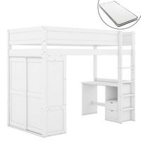 HOCHBETT 90/200 cm weiß mit Schreibtisch und Kleiderschrank mit Matratze - Weiß, Holzwerkstoff (90/200cm) - OKWISH