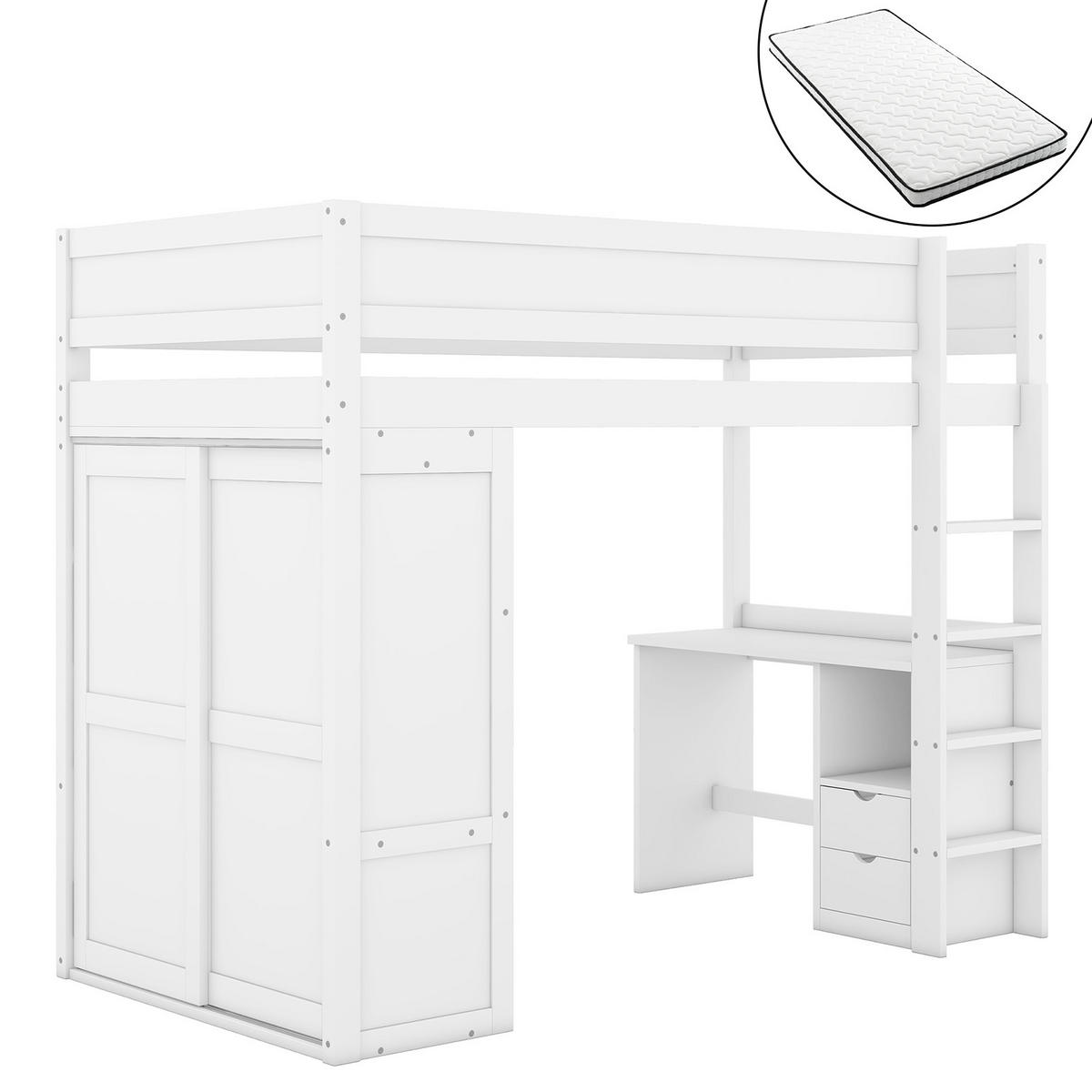 HOCHBETT 90/200 cm weiß mit Schreibtisch und Kleiderschrank mit Matratze - Weiß, Holzwerkstoff (90/200cm) - OKWISH