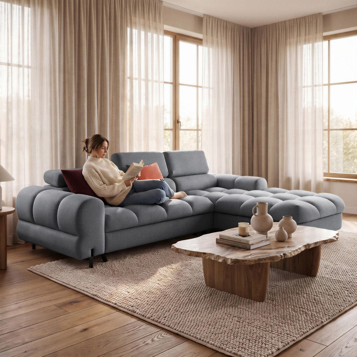 ECKSOFA UFFO L Rechts mit Schlaffunktion 260x195 Velours Grau - Schwarz/Grau, Holz/Textil (195/260cm) - Muffo