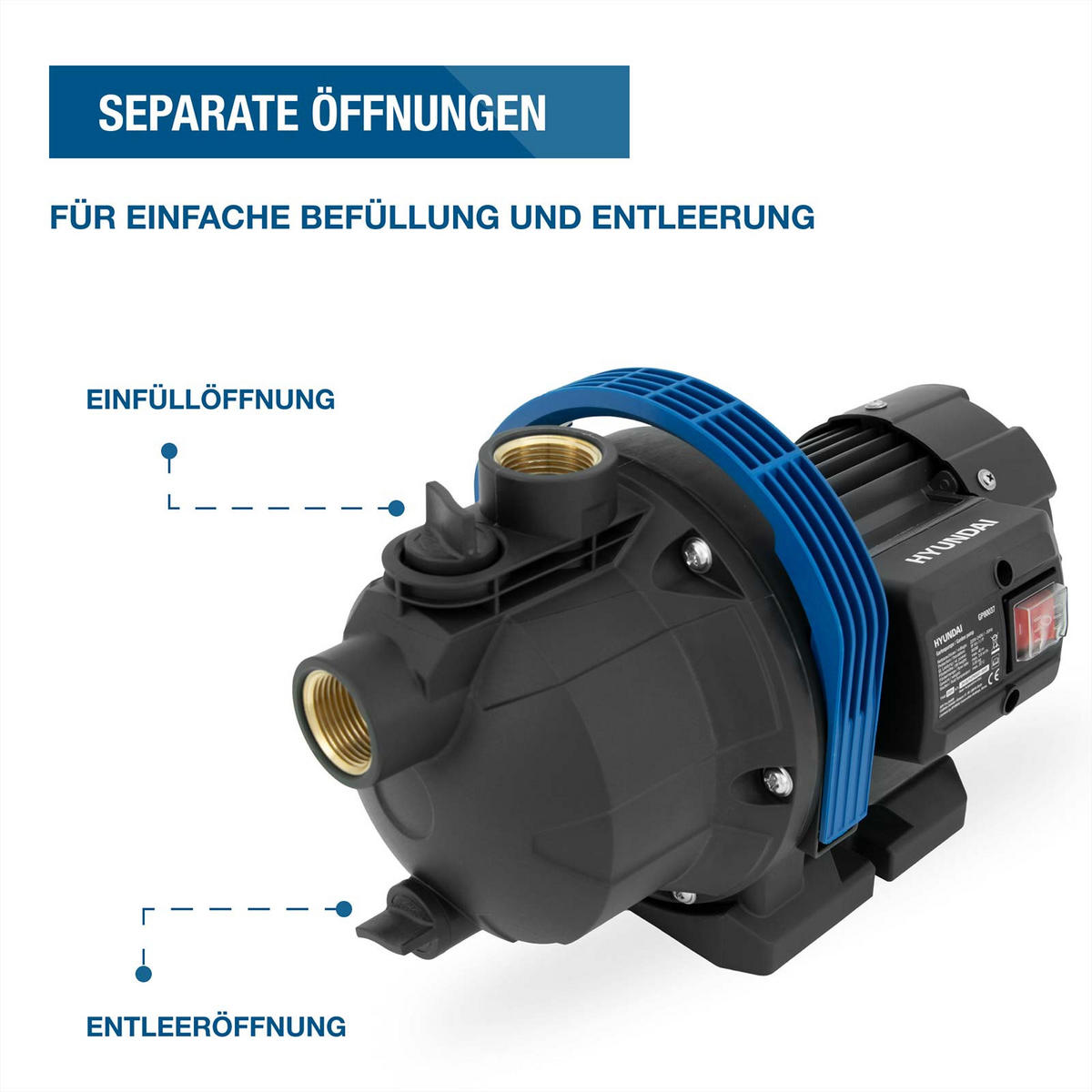 GARTENPUMPE GP80037 (800W, 3.600 l/h, Förderhöhe max. 40m, Ansaughöhe max. 7m) - Schwarz, Kunststoff (19.8/20.7/34.6cm) - HYUNDAI