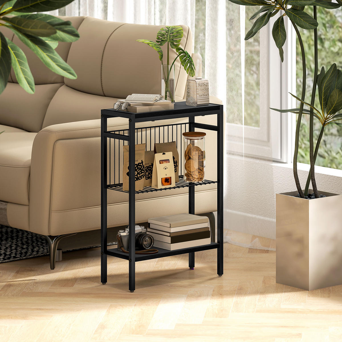 BEISTELLTISCH kleiner Couchtisch mit 2 Ablagen, Stahlrahmen für Wohnzimmer - Schwarz, Karton (43/18/62.5cm) - HOMCOM