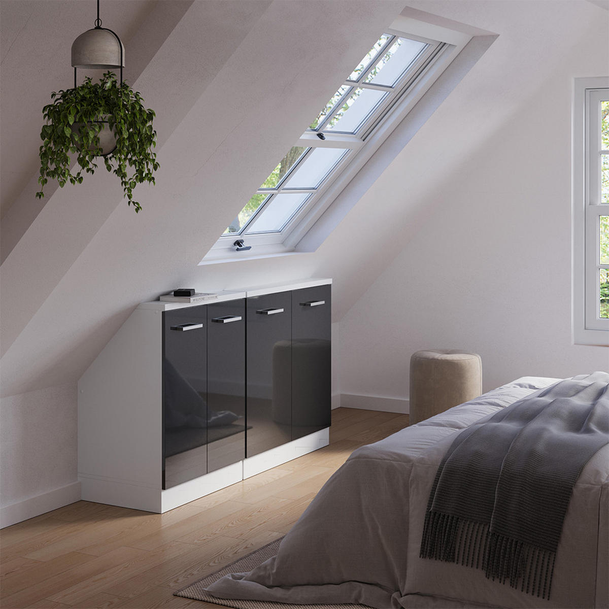 KUCHYŇSKÁ SKŘÍŇKA POD ŠIKMOU STŘECHU R-Line Antracitový vysoký lesk/bílá - bílá/antracitová, kompozitní dřevo (140/81.6/46cm) - Vicco