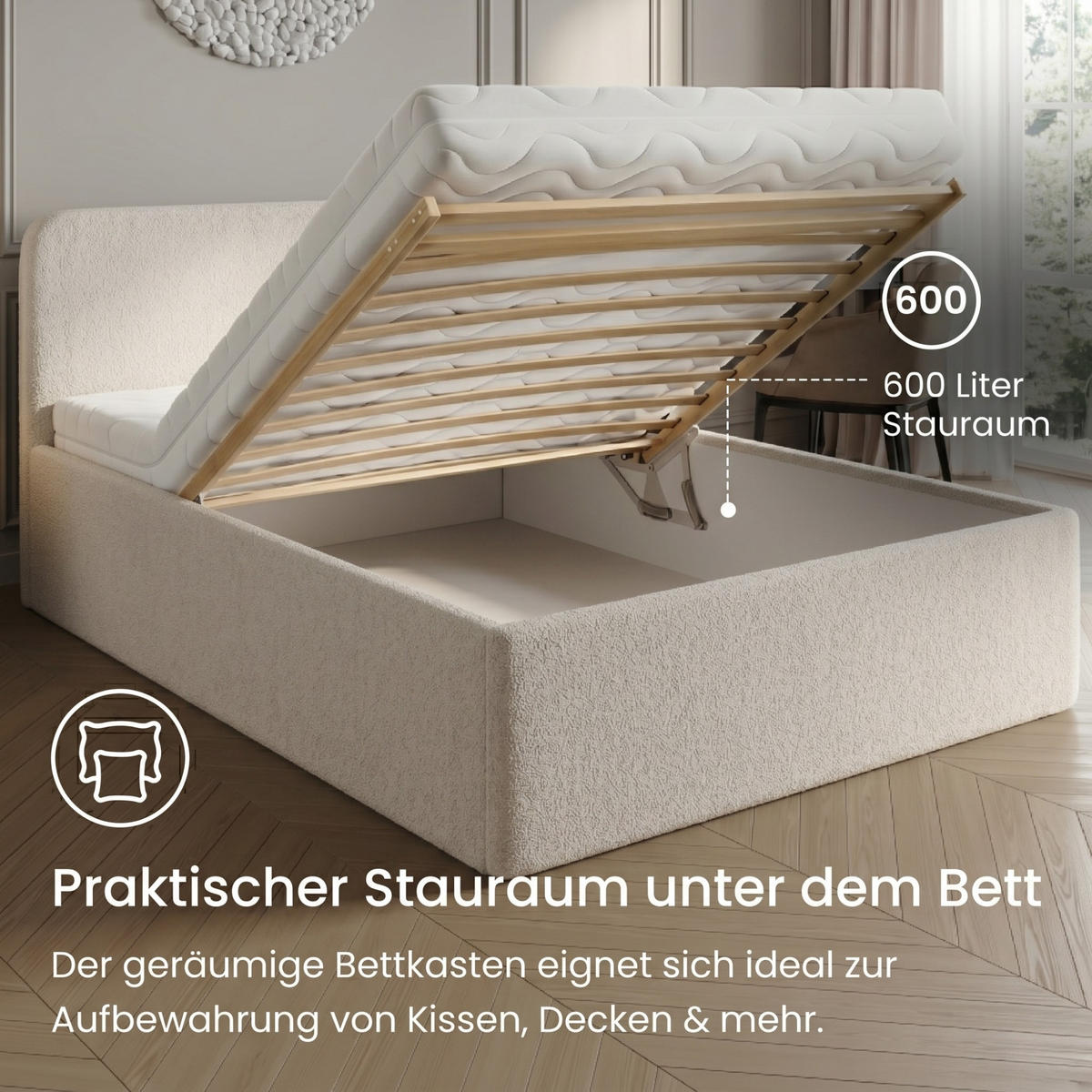 POLSTERBETT 120x200 cm Kaltschaummatratze H3 Bouclé Creme - Creme, Textil (120/200cm) - Home Collective