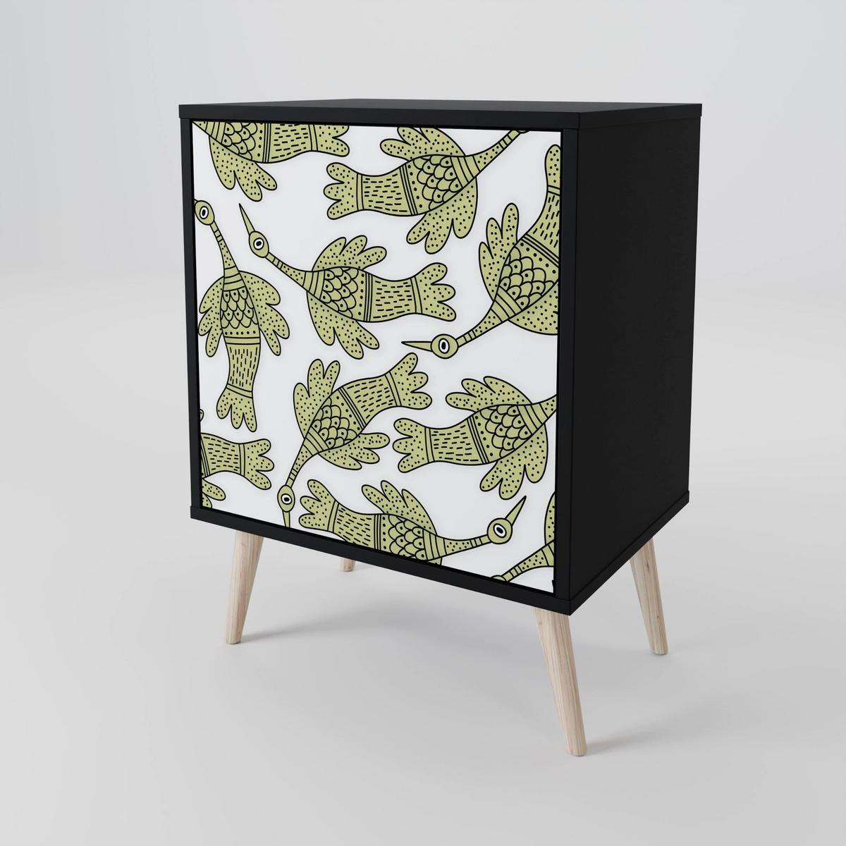 SIDEBOARD SEEDLING SONGBIRD, Schwarz, 57,5x42x75,5 cm, Goldfarbene Metallfüße - Goldfarben/Multicolor, Holzwerkstoff/Metall (57.5/75.5/42cm) - SpaceRebels