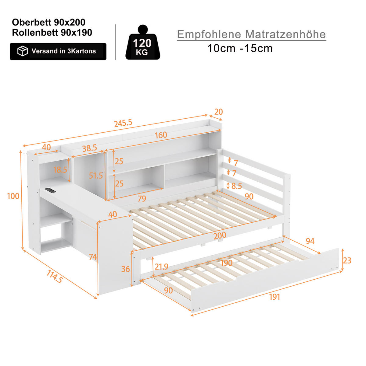 BETT aus 90x200 cm Weiß mit Ausziehbett, Schreibtisch, Regalen und Steckdose - Weiß, Holzwerkstoff (140/190cm) - Modfu