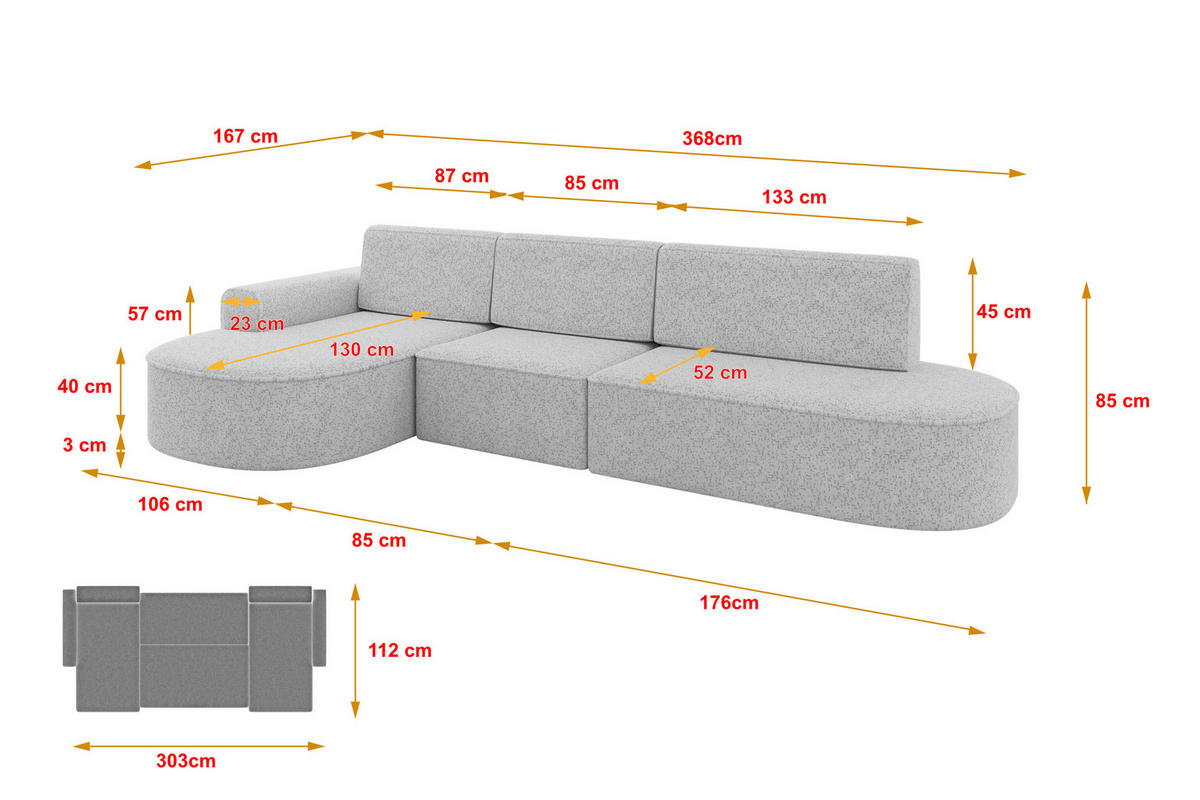 ECKSOFA mit Schlaffunktion Ottomane Links MARI L2-S 368X167X85 Grau Velours - Taupe/Schwarz, Holzwerkstoff/Kunststoff (368/167cm) - ALTDECOR