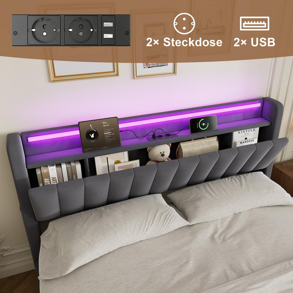 POLSTERBETT 180/200 cm in Grau, mit Bettkasten, Matratze, Stauraum, USB und LED Beleuchtung - Grau, Holzwerkstoff/Textil (180/200cm) - WISHDOR