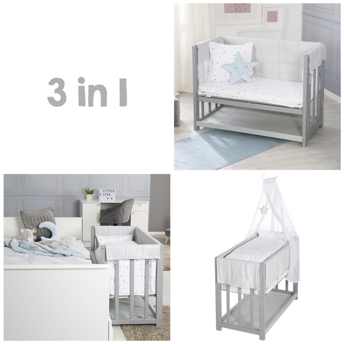 BEISTELLBETT Sternenzauber grau 3in1 Set 90 x 45 cm - Taupe, Holzwerkstoff (45/90cm) - Roba