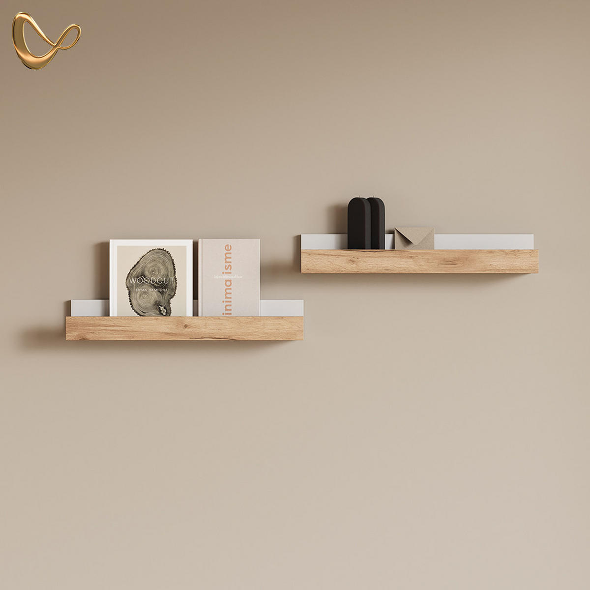 WANDREGAL Lorena Weiß/Goldkraft Eiche 60 x 10 cm 2er Set - Weiß, Holzwerkstoff (60/10/12cm) - Livinity®