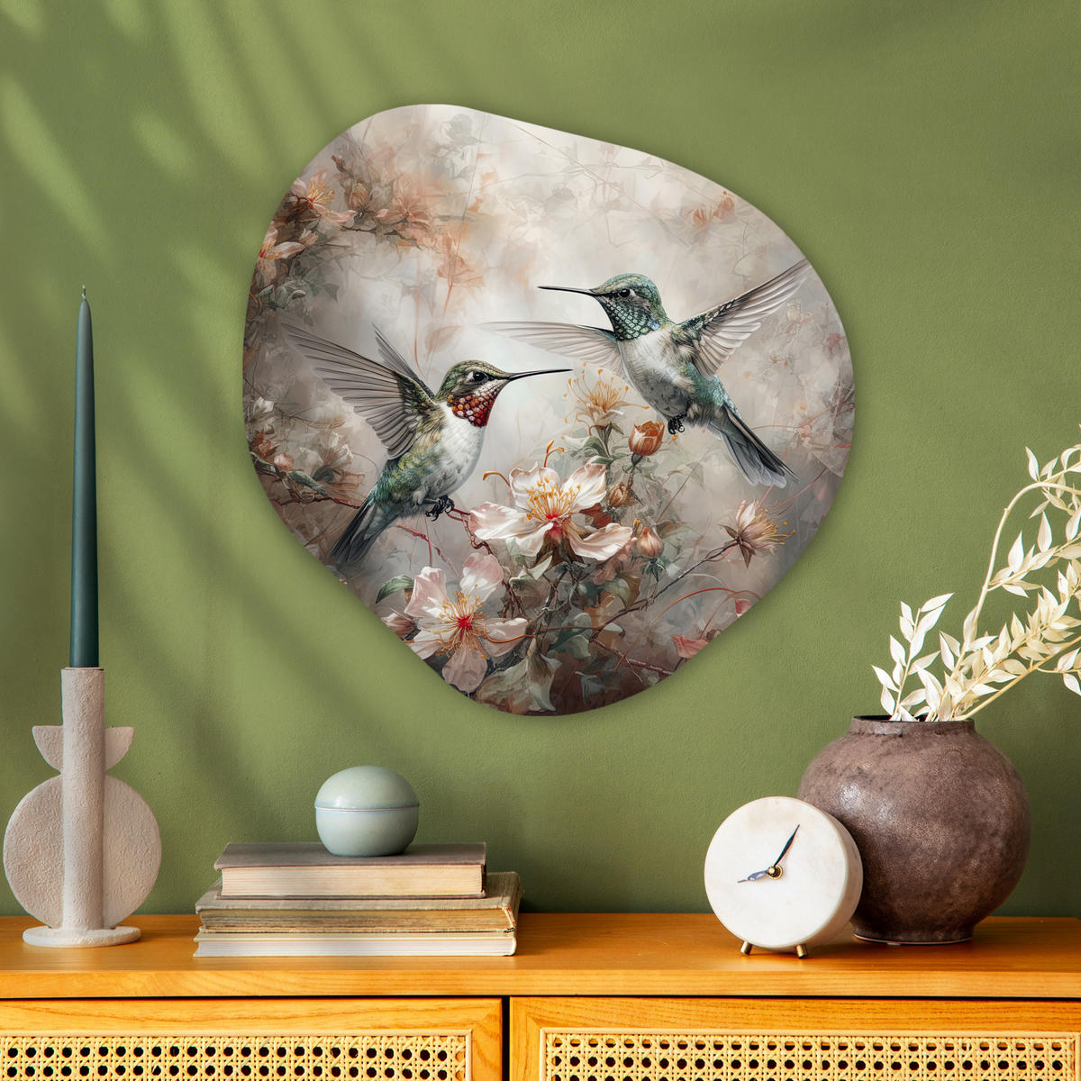 WANDBILD Kolibri - Vögel - Blumen - Pflanzen 60x60 cm - Hellgrün, Kunststoff (60/60cm) - MuchoWow
