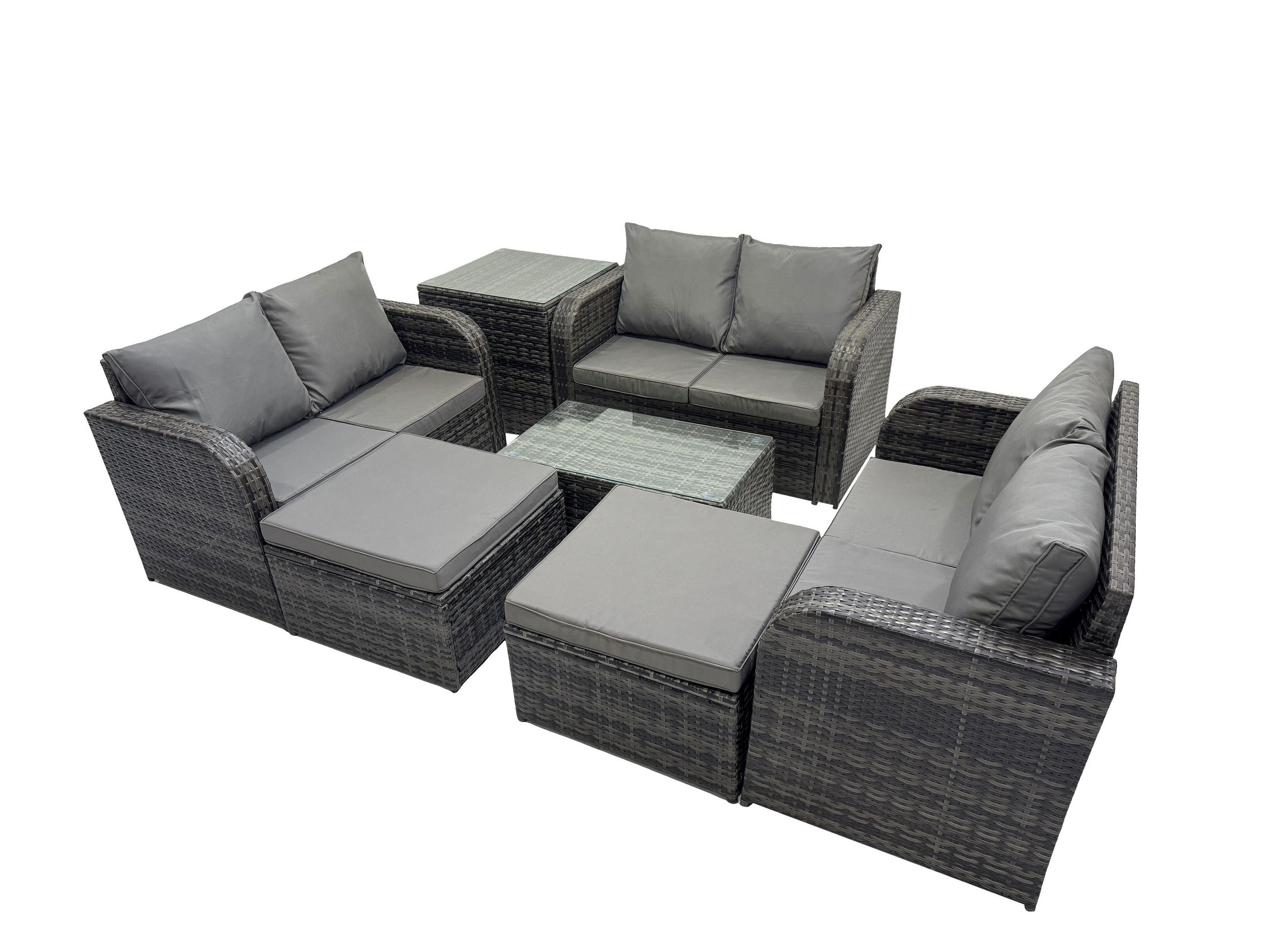 GARTENMÖBELGARNITUR mit KISSEN Polyrattan Dunkelgrau 8-Sitzer - Dunkelgrau/Grau, Glas/Kunststoff - Fimous