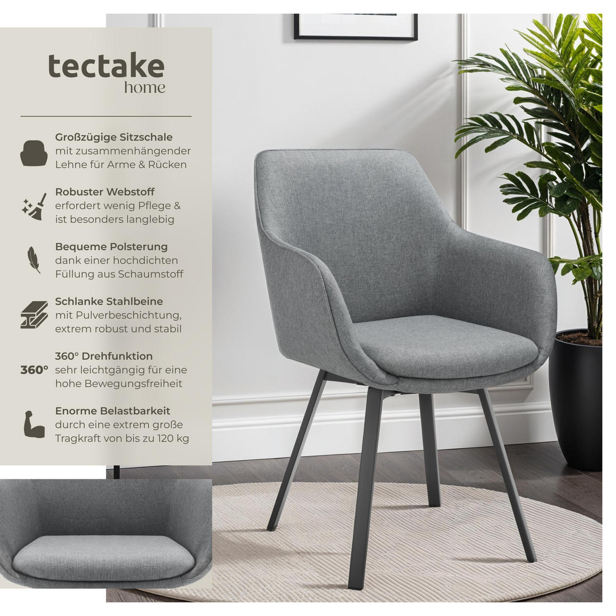 ARMLEHNSTUHL Drehbarer 4er Set Alicon 57 x 59 x 88 cm anthrazit - Anthrazit, Textil (57/88/59cm) - tectake