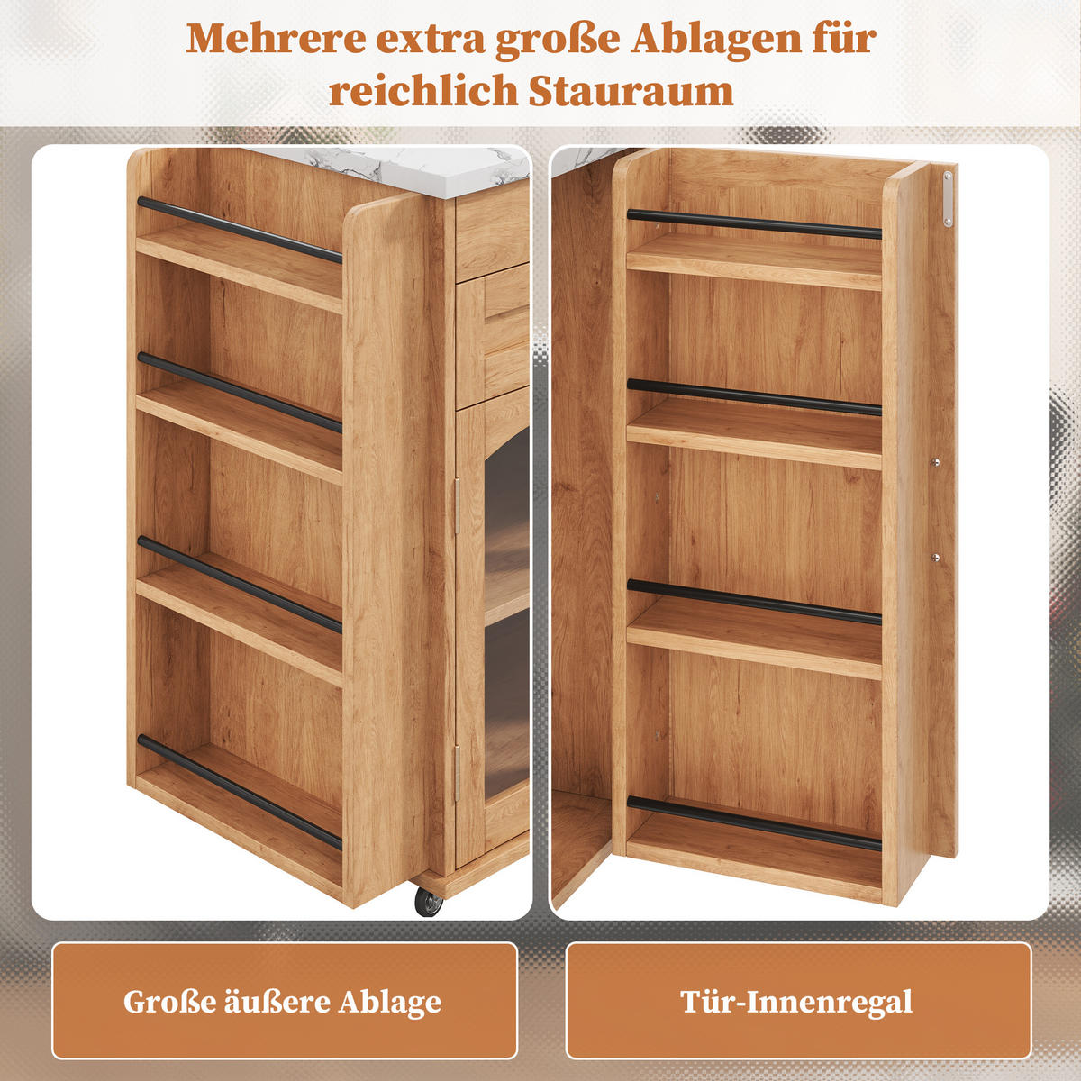 KÜCHENINSEL in Weiß und Naturfarbe Servierwagen mit Besteckschublade für Küchen und Wohnzimmer, B120/T45 (70)/H90 cm - Naturfarben, Holzwerkstoff (138/90/70cm) - STILVORA