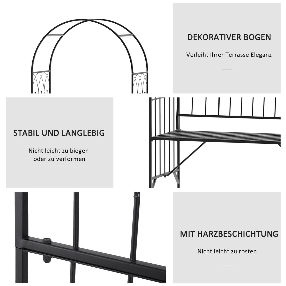 ROSENBOGEN mit Bank, 115 x 59 x 203 cm, Metall, Schwarz - Schwarz, Metall (115/203/59cm) - Outsunny