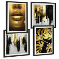BILDER SET 4er Set - 50x50 cm & 40x60 cm Schwarzer Rahmen - Abstrakte Blattmalerei - Schwarz, Kunststoff (50/50cm) - TULUP